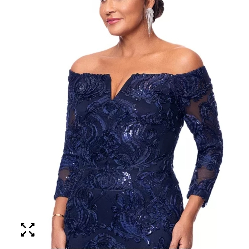 Xscape Off The Shoulder Gown Size 10 NWT $359 Navy Embellished - Picture 6 of 13